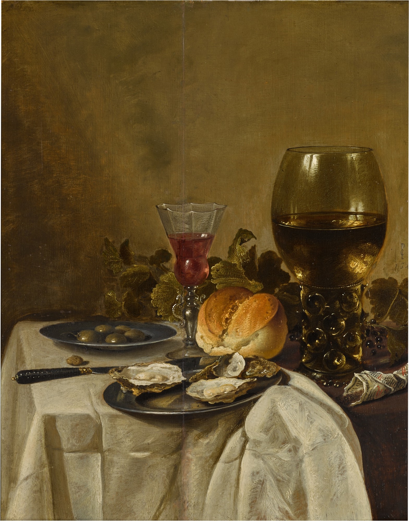 Still life with oysters, a roemer, a wine glass, bread roll and olives by Pieter Claesz, 1642