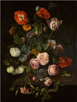 Still life with parrot tulips, poppies, roses, snowballs, and other flowers in an auricular silver vase on a stone ledge - Cornelis Kick
