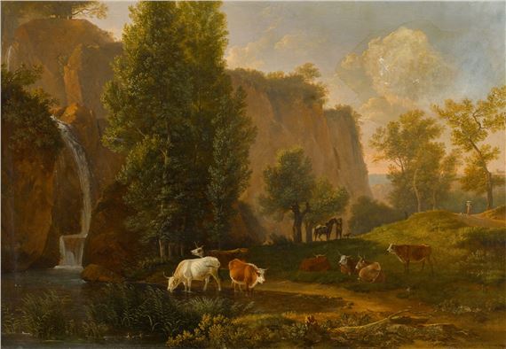 Landscape with a waterfall and cattle by Simon-Joseph-Alexandre-Clément Denis, 1790