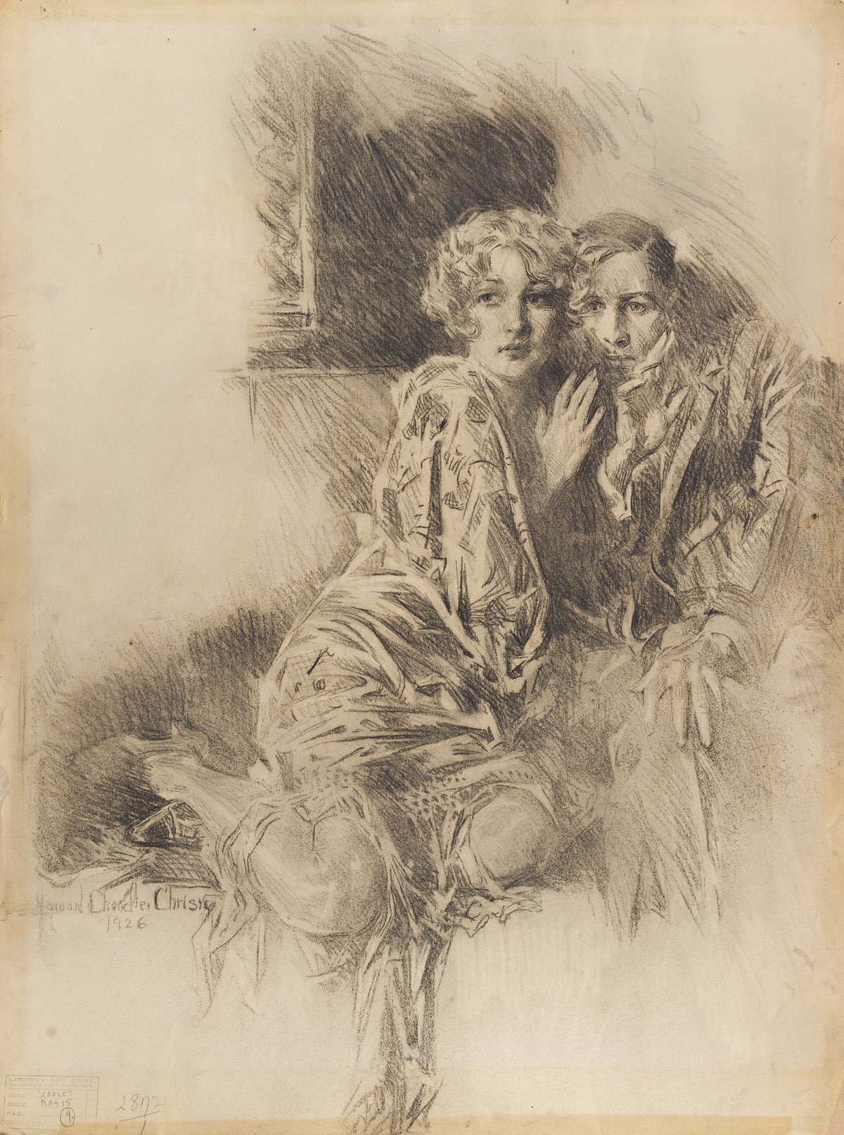 Artwork by Howard Chandler Christy, "There in a box hammock was Phil Hanrihan sprawling, a woman in a scarlet shawl clinging, her cheek against his.", Made of Charcoal on board