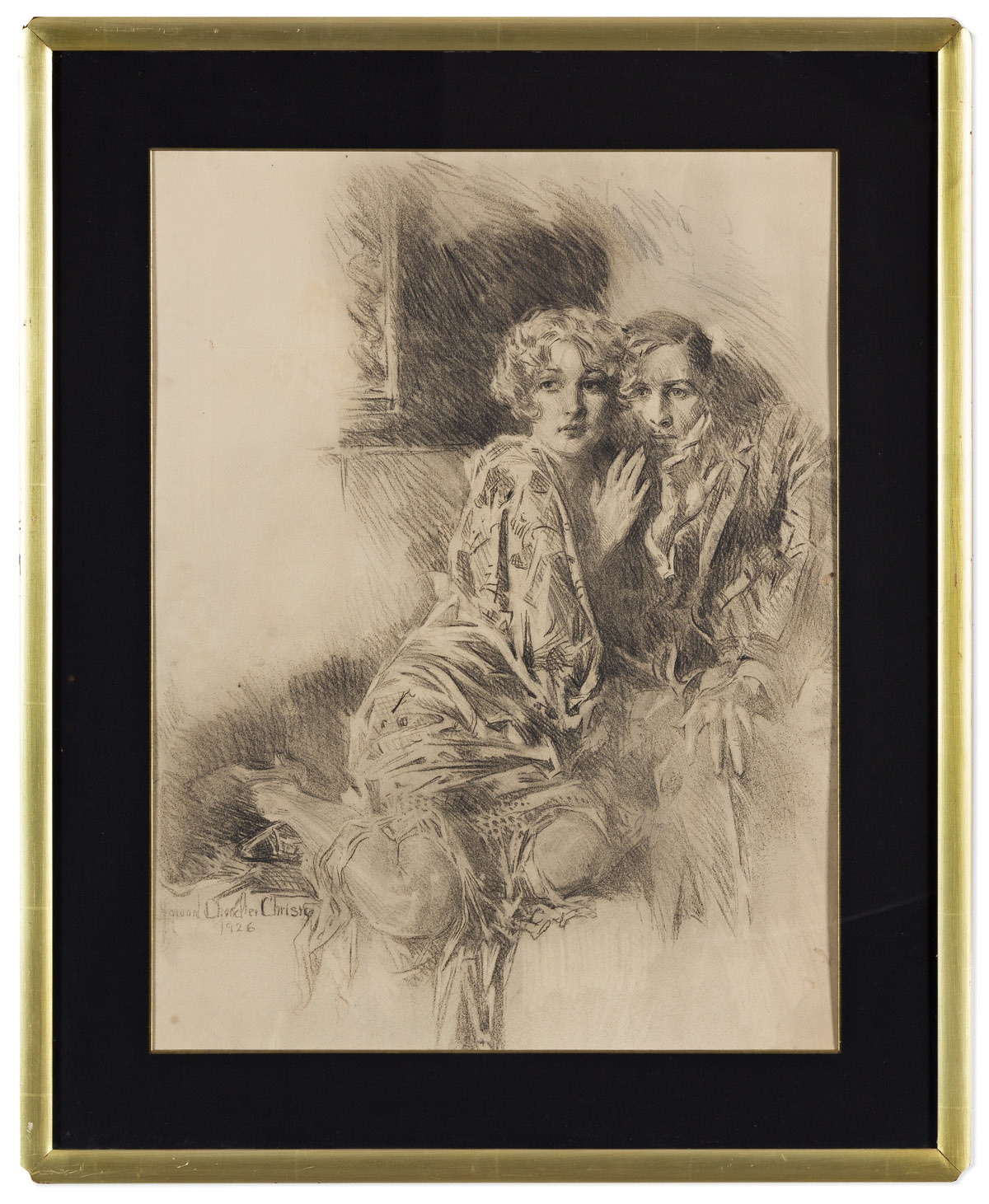 Artwork by Howard Chandler Christy, "There in a box hammock was Phil Hanrihan sprawling, a woman in a scarlet shawl clinging, her cheek against his.", Made of Charcoal on board
