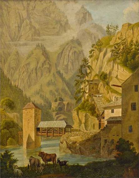 Bridge and cows by a village by Johann Jakob Biedermann