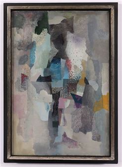 A textured abstract composition featuring layered geometric shapes and a muted color palette.