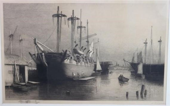 A WHALESHIP AT DOCK IN NEW BEDFORD WITH FAIRHAVEN SKYLINE IN DISTANCE by Lemuel D. Eldred, 1906