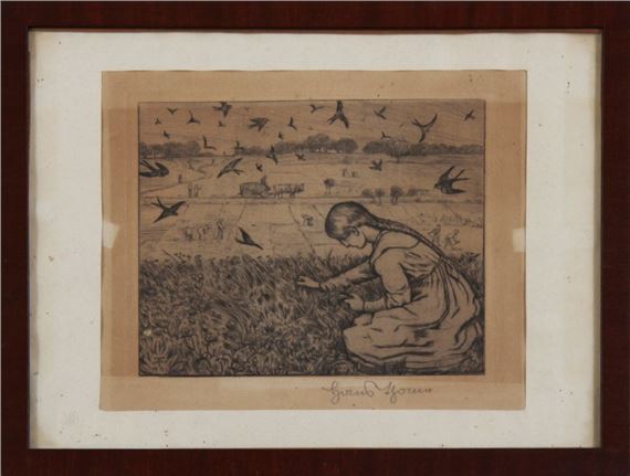 Mädchen beim Blumen pflücken auf Feld mit fliegender Vogelschar by Hans Thoma, 1901