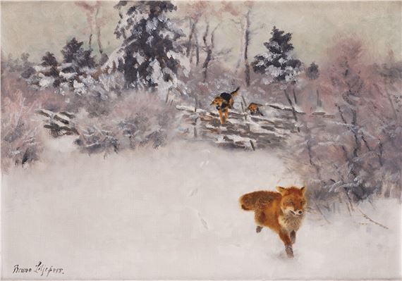 Winter landscape with fox and harrier