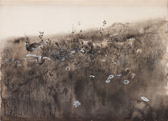 Summer landscape with fox and lifting birds by Bruno Liljefors