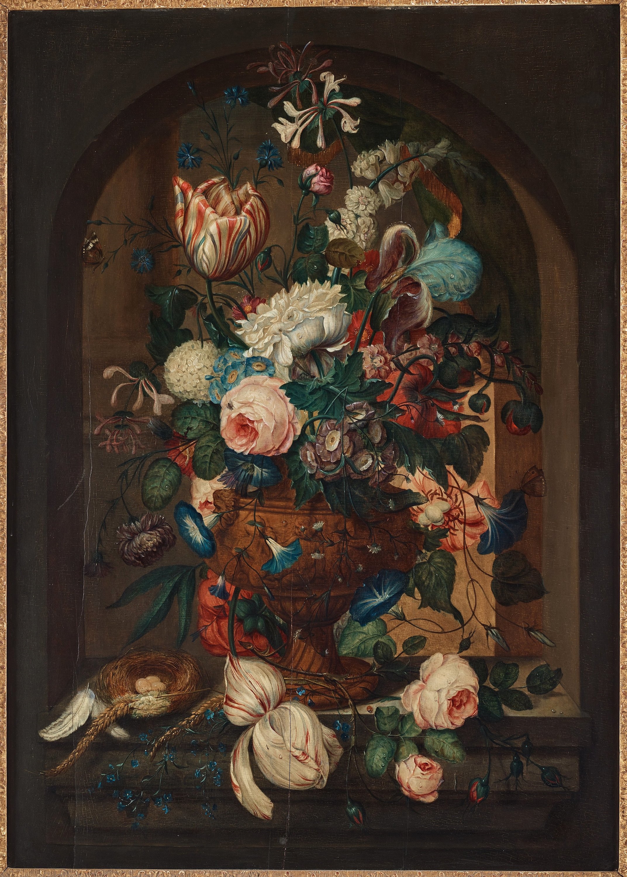 Artwork by Coenraet Conrad Roepel, Stillife with flowers, butterflies and a birds nest, Made of panel