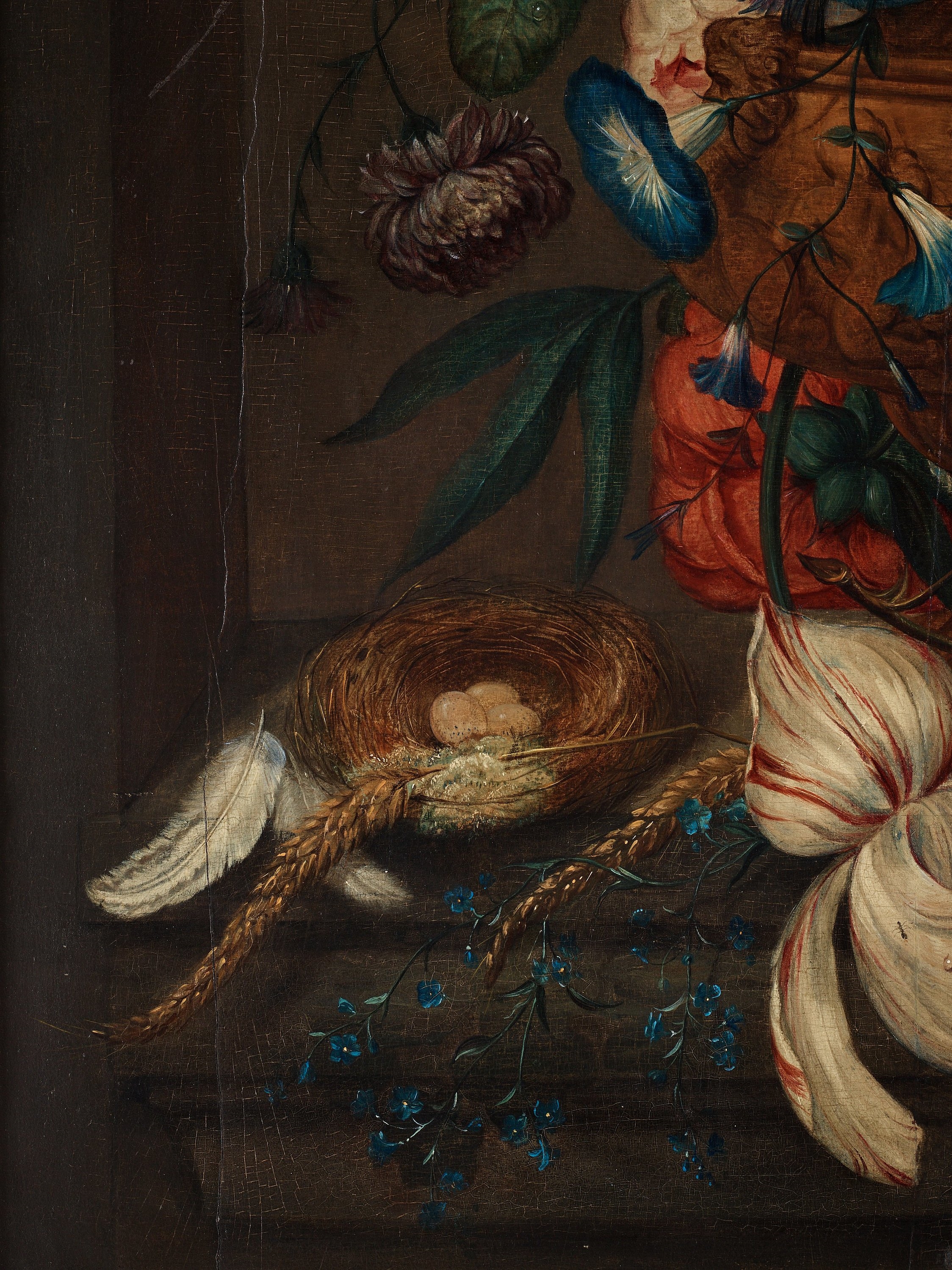 Artwork by Coenraet Conrad Roepel, Stillife with flowers, butterflies and a birds nest, Made of panel