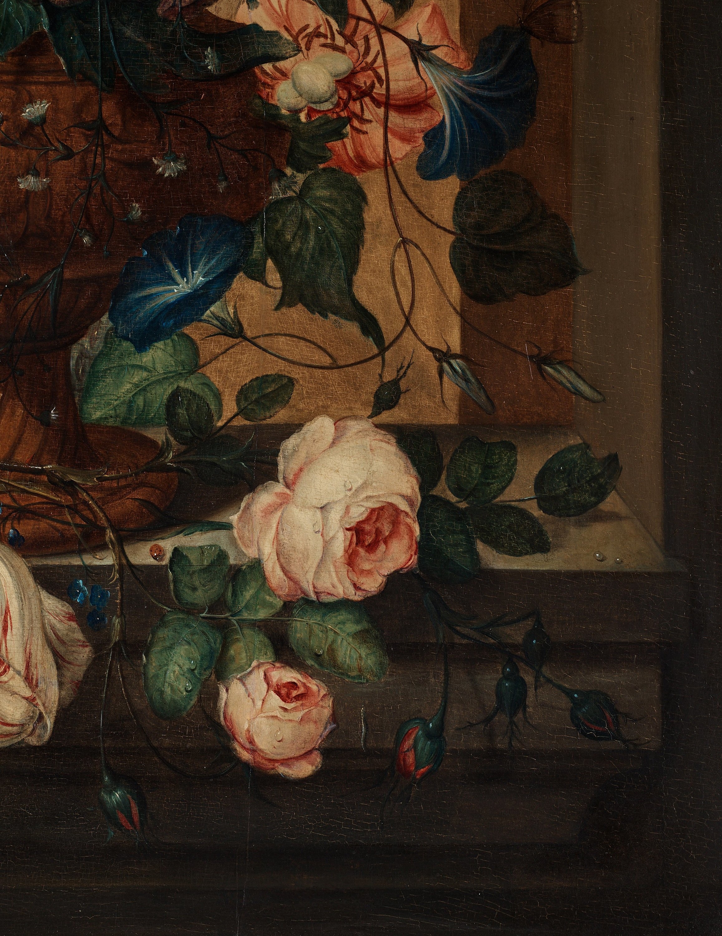 Artwork by Coenraet Conrad Roepel, Stillife with flowers, butterflies and a birds nest, Made of panel