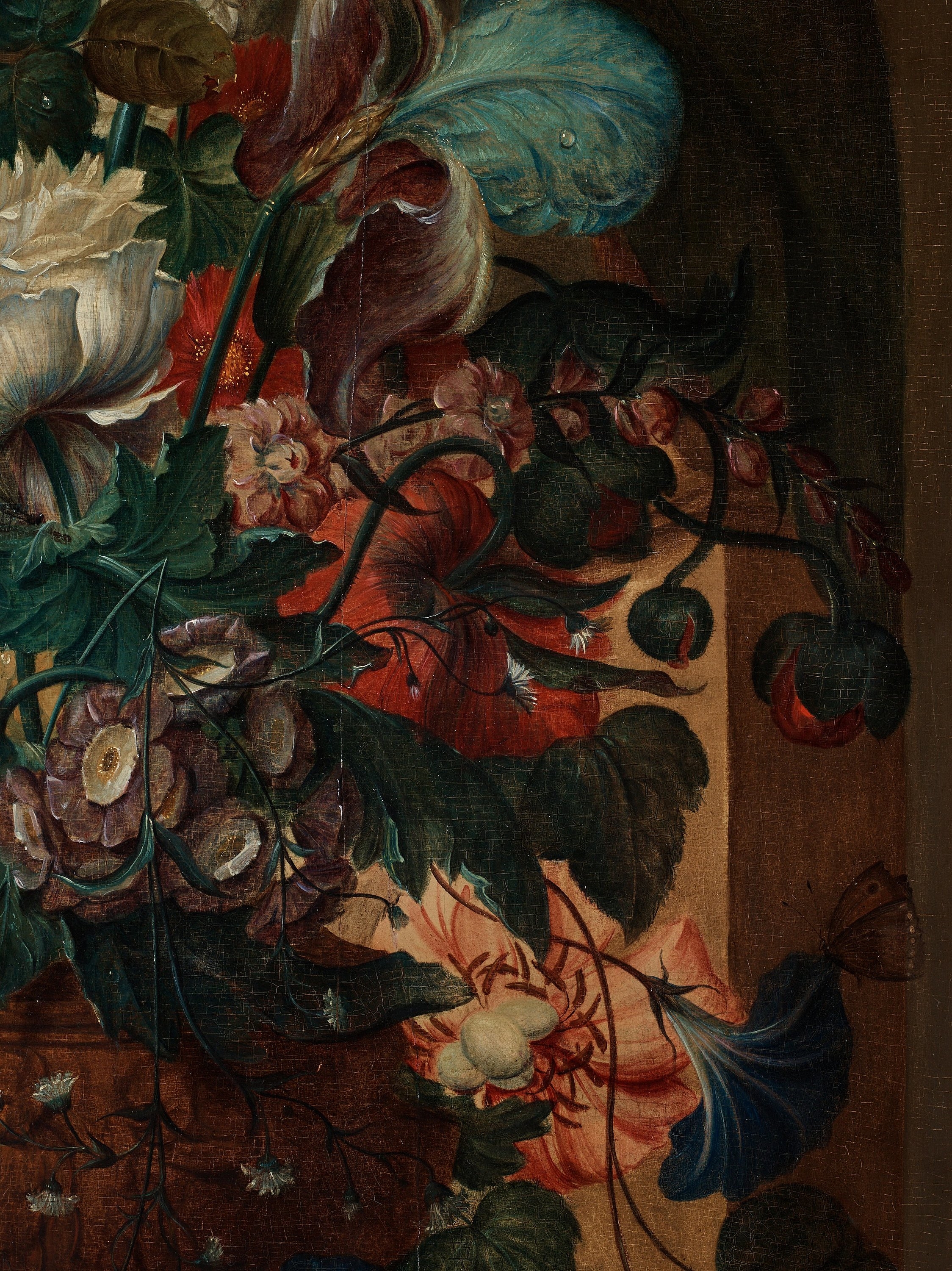 Artwork by Coenraet Conrad Roepel, Stillife with flowers, butterflies and a birds nest, Made of panel