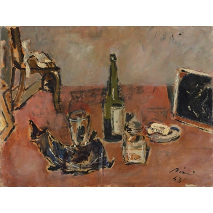 Artwork by Filippo de Pisis, Natura morta con bottiglia, Made of oil on canvas