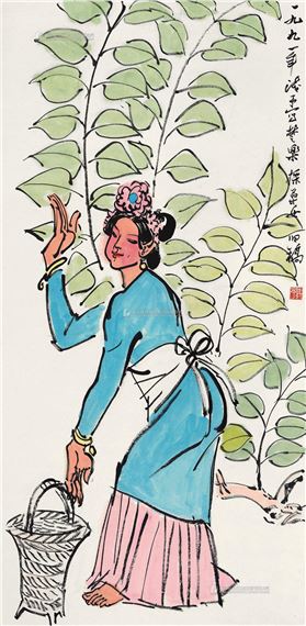 Mulberrry Leaves Picking by Ye Qianyu, Dated 1991