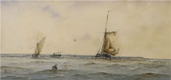 Fishing boats and steamer along the coast by Richard W. Markes