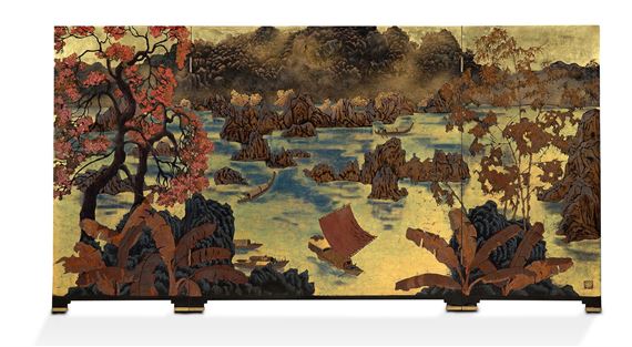 Lacquer with gold and silver highlights and crushed mother-of-pearl