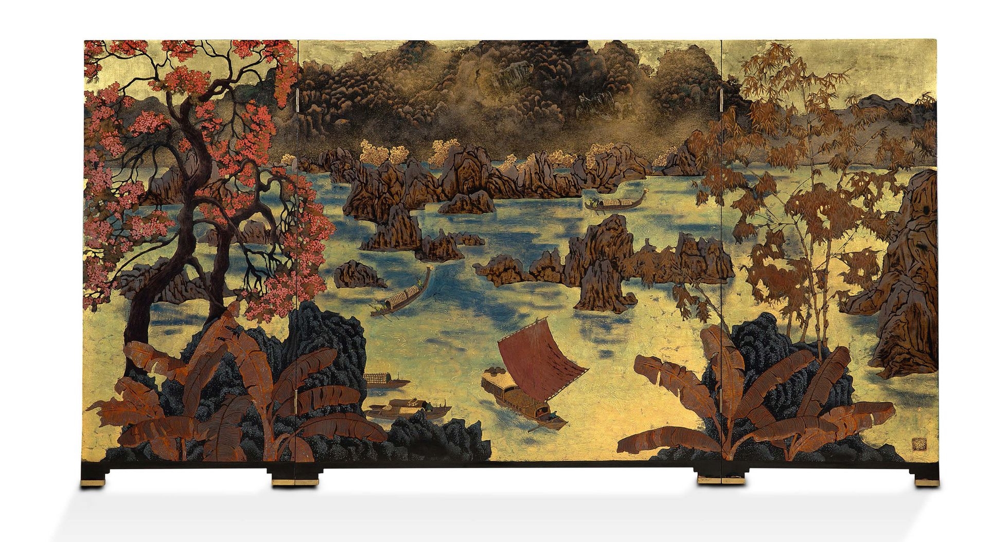 Artwork by Pham Hau, Lacquer with gold and silver highlights and crushed mother-of-pearl, Made of Lacquer with gold and silver highlights and crushed mother-of-pearl