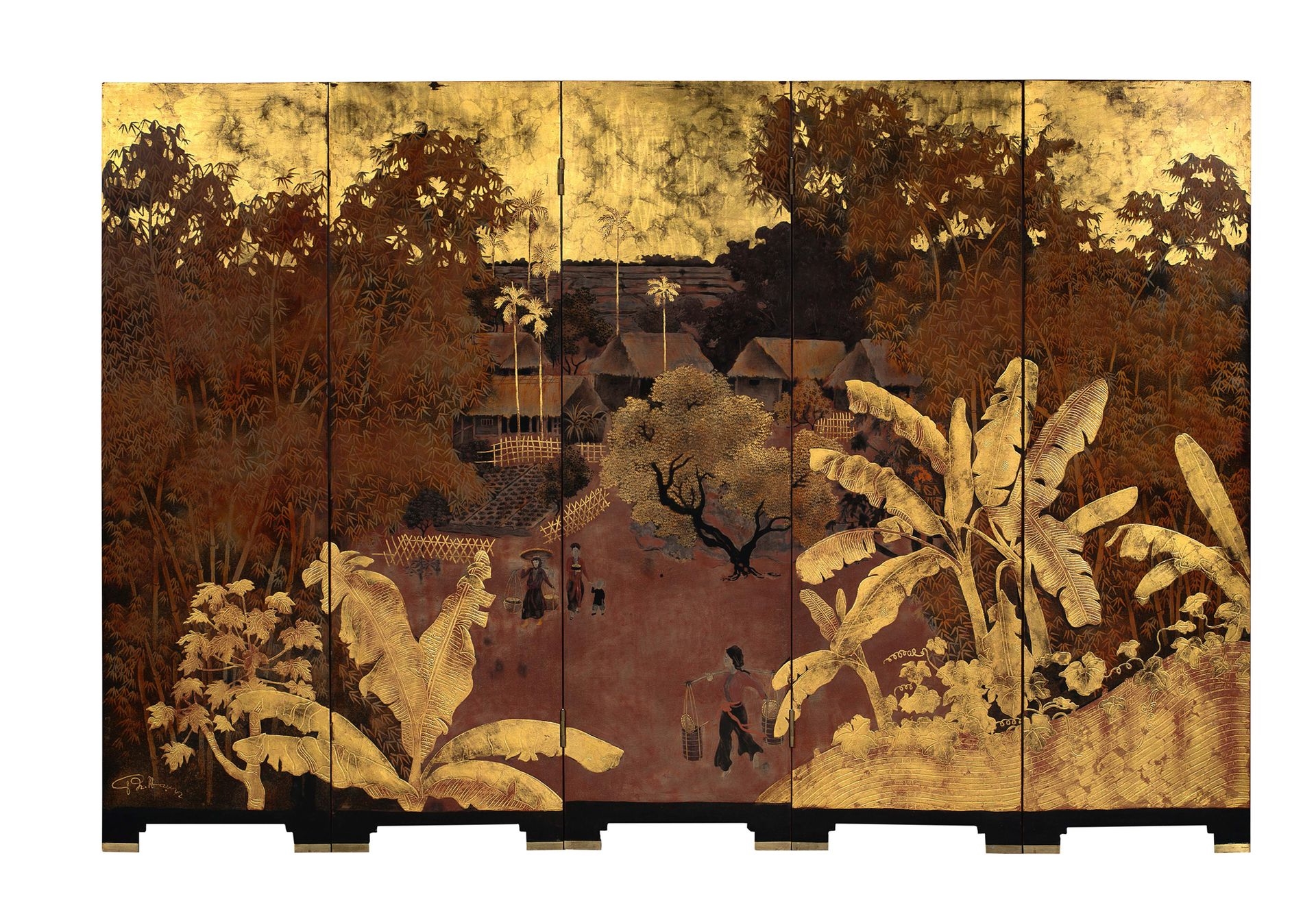 Artwork by Pham Hau, Village animé, Made of Lacquer with gold and silver highlights (5)
