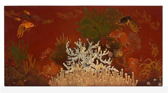 Scène d'aquarium avec les poissons rouges d'abondance,