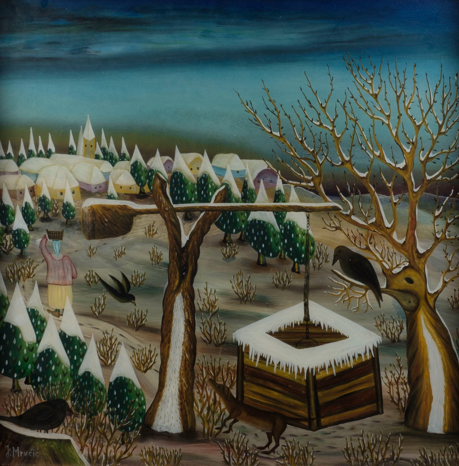 Artwork by Josip Mrucic, PAAR ARBEITEN (WINTERLANDSCHAFT MIT BRUNNEN, TEICHLANDSCHAFT MIT STÖRCHEN), Made of Reverse glass painting