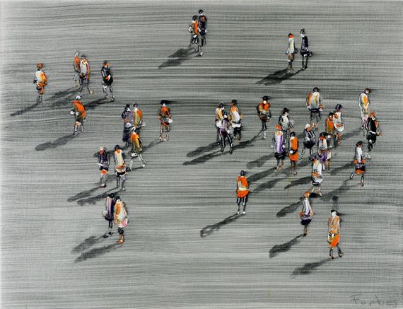 A high-angle view of numerous figures in orange and white clothing scattered across a textured gray field, casting long shadows.