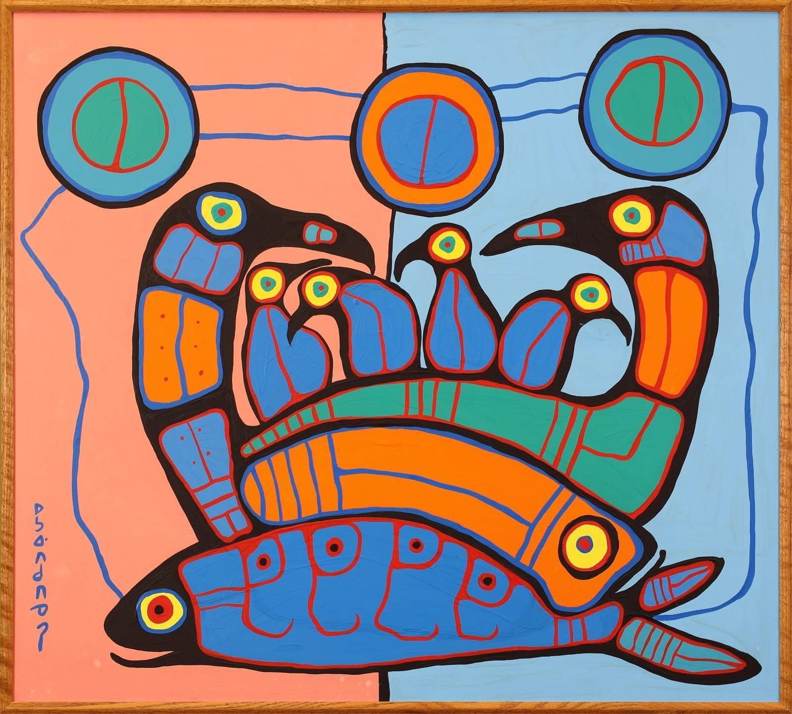 Norval Morrisseau | FAMILY OF BIRDS WITH FISH (Circa 1989) | MutualArt
