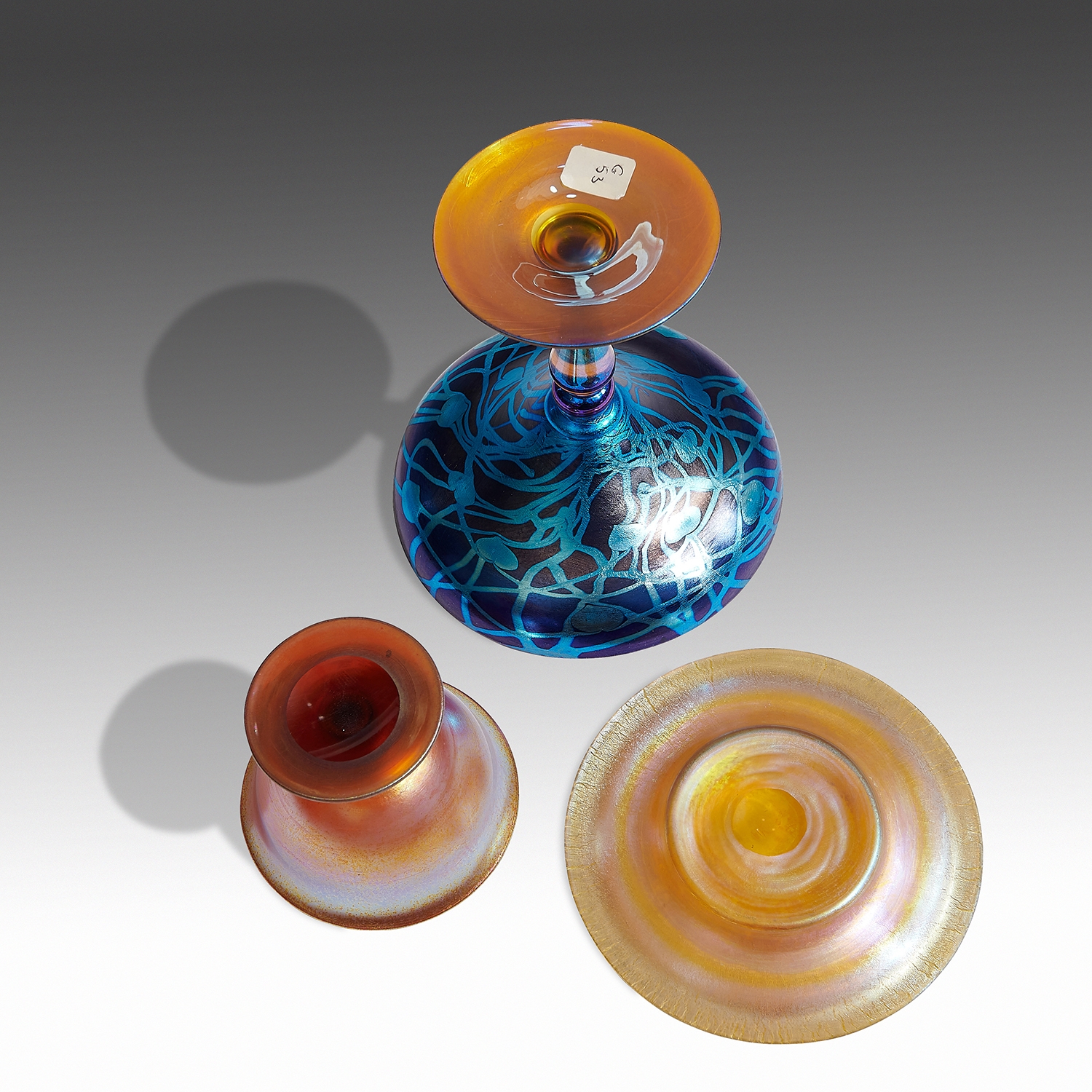 Artwork by Vineland Flint Glass Works, compote with heart and vine decoration, Made of iridescent glass