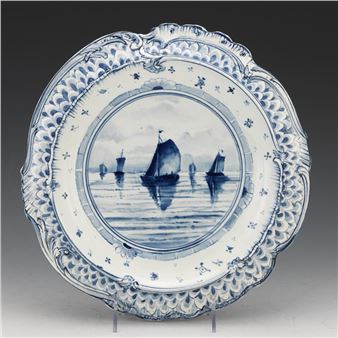 Franz Anton Mehlem Royal Bonn blue and white porcelain basin plate with nautical scene - Franz Anton Mehlem