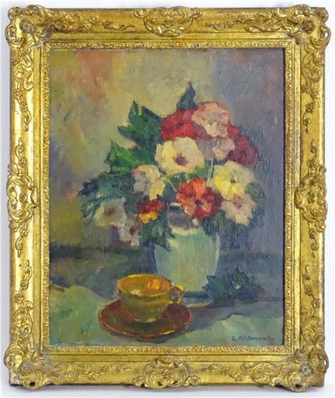 A still life study with flowers in a vase and a tea cup and saucer by Leonard Richmond