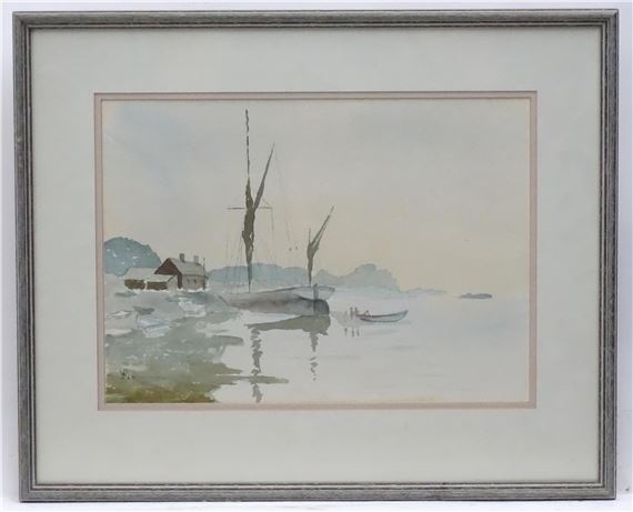 A coastal scene with figures and boats by Walter Staples, 1991