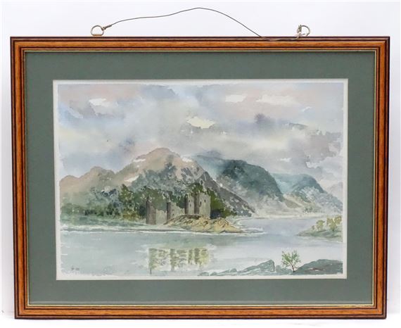 A castle scene with mountains beyond by Walter Staples, 20th century