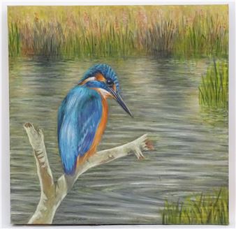 A portrait of a kingfisher bird perched on a branch - Evelyn Row
