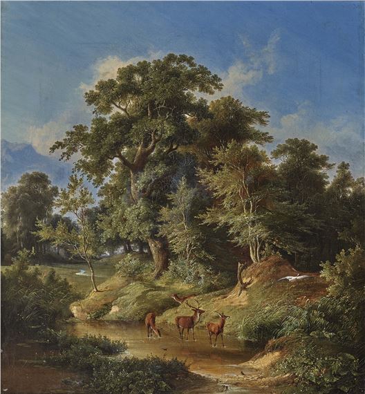 Baumlandschaft mit Rehen und auffliegendem Reiher by Julius Bakof, dated 1851