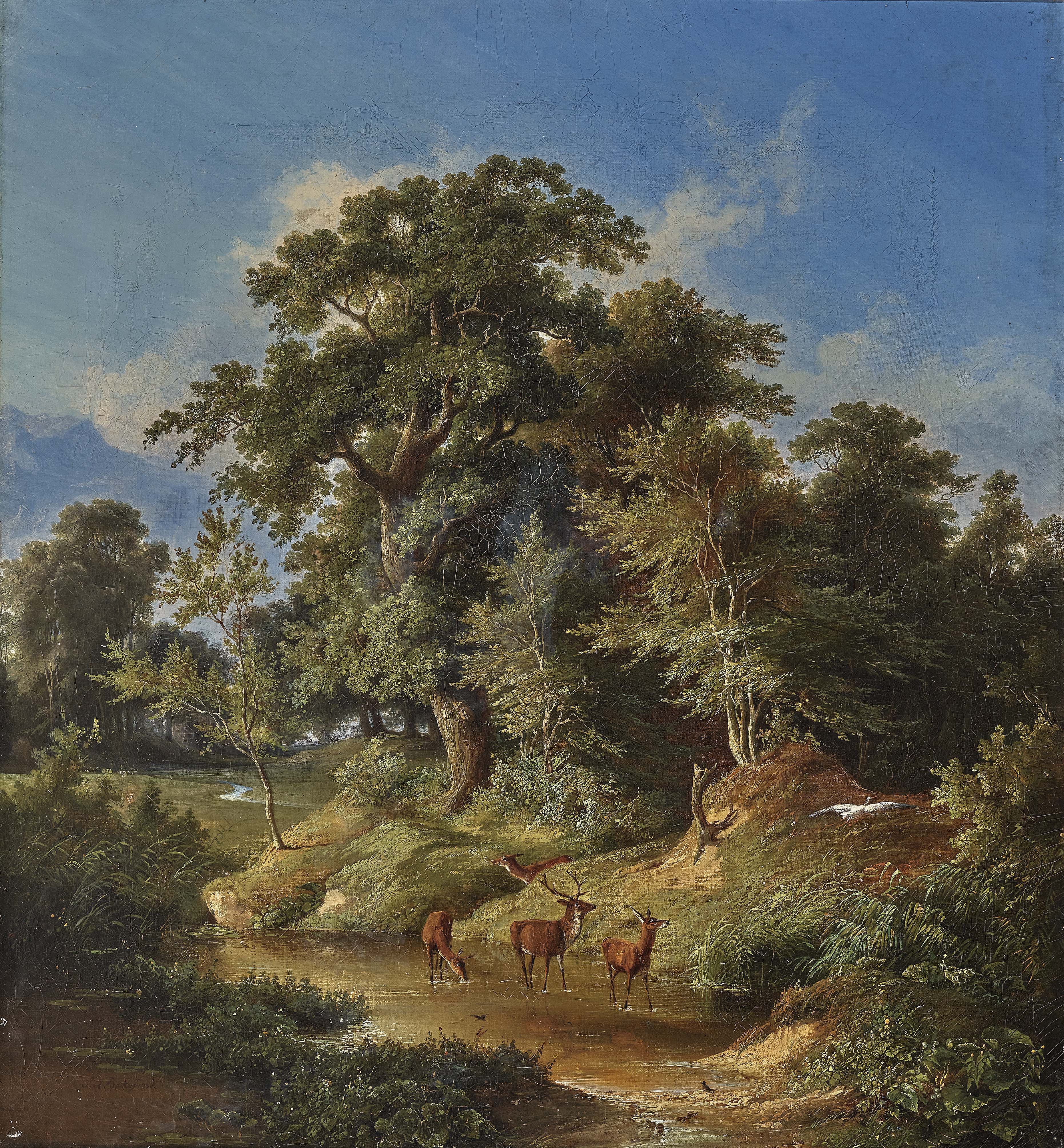 Artwork by Julius Bakof, Baumlandschaft mit Rehen und auffliegendem Reiher, Made of oil on canvas