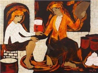 Deux jeunes filles dans une échope de jarres. - Kim Dông