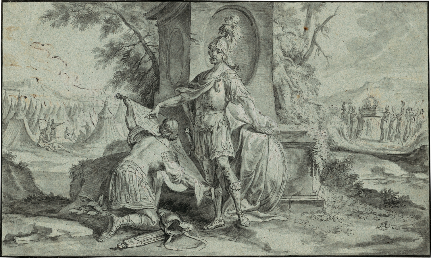 Artwork by Johann Wolfgang Baumgartner, Alexander der Große gründet die Stadt Alexandretta,Schutzengelgruppe, Made of Pen in black, washed in gray, heightened with white on blue paper