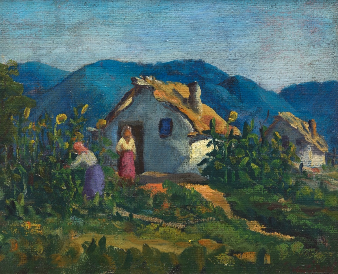 Artwork by Sebestyén Shakirov, Tropical landscape with figures and huts, Made of Oil on canvas