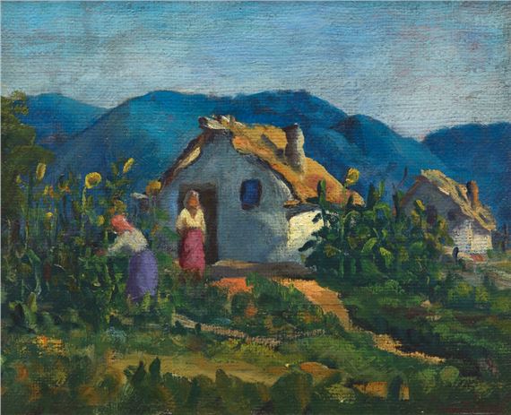 Tropical landscape with figures and huts by Sebestyén Shakirov