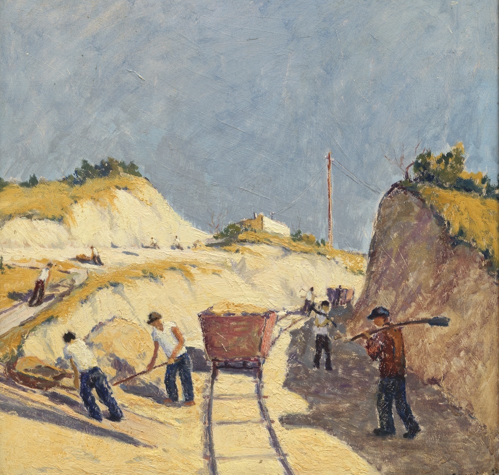 Artwork by Ödön Guzsik, Workers building a railroad, Made of Oil on board