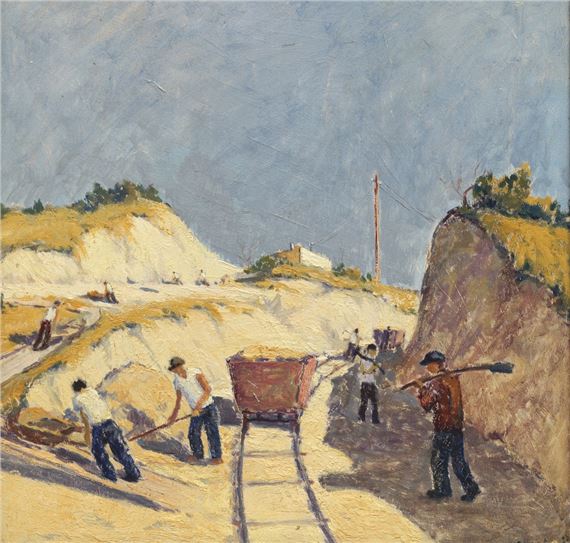 Workers building a railroad by Ödön Guzsik