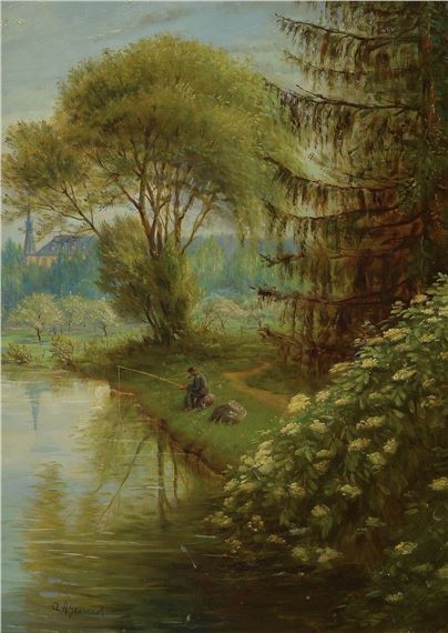 angler on the river at the time the elderflower with view of the Kamp monastery by Adolf Rheinert