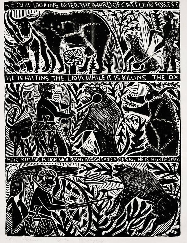 Artwork by John Ndevasia Muafangejo, Sheperd, Made of Linocut