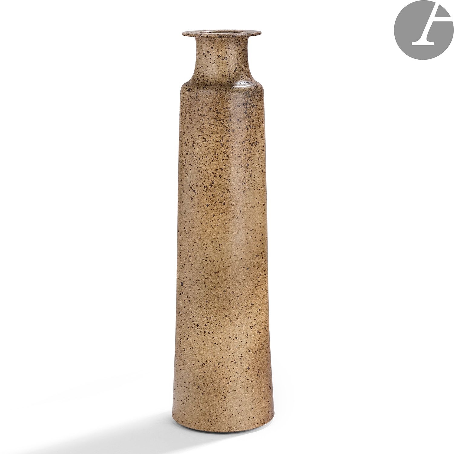Artwork by Robert Deblander, Very high truncated cone-shaped vase, Made of beige enamelled stoneware and richly pyriform