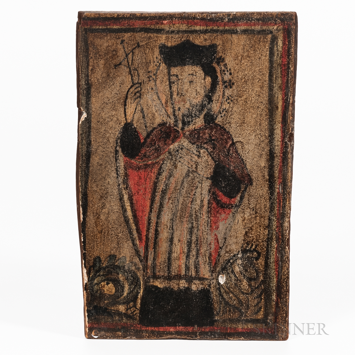 Artwork by Antonio Molleno, New Mexican Polychrome Wood Retablo depiction of San Juan Nepomuceno, Made of Polychrome Wood