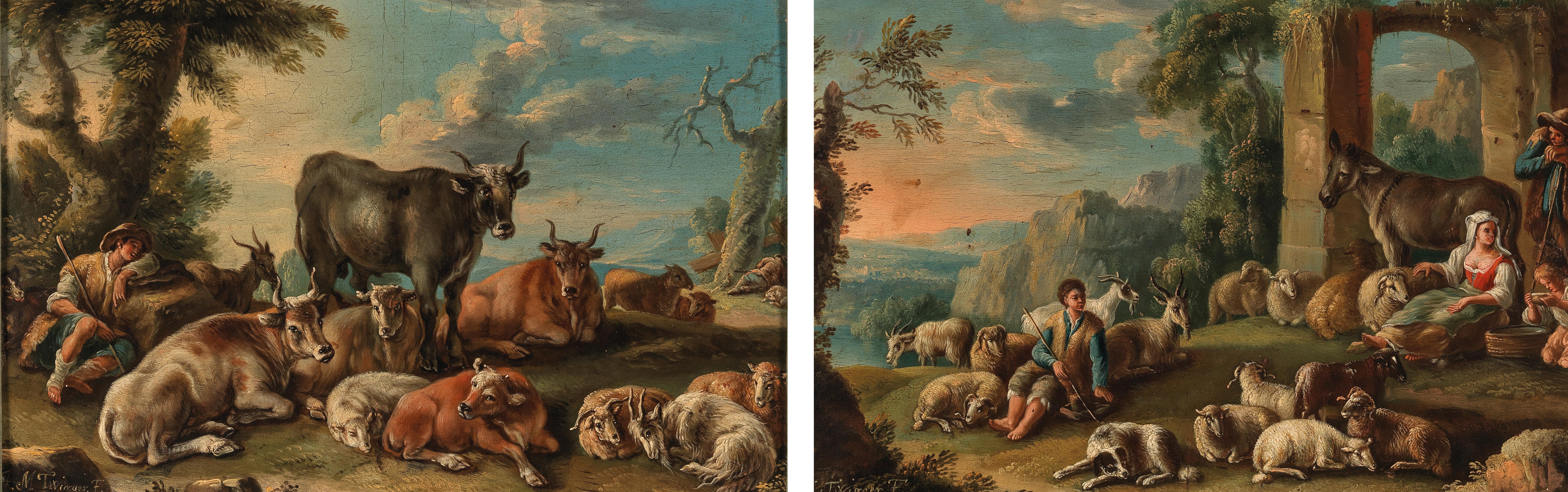 Artwork by Matthias Twinger, A pair of southern landscapes with shepherds and their flock, Made of oil on copper