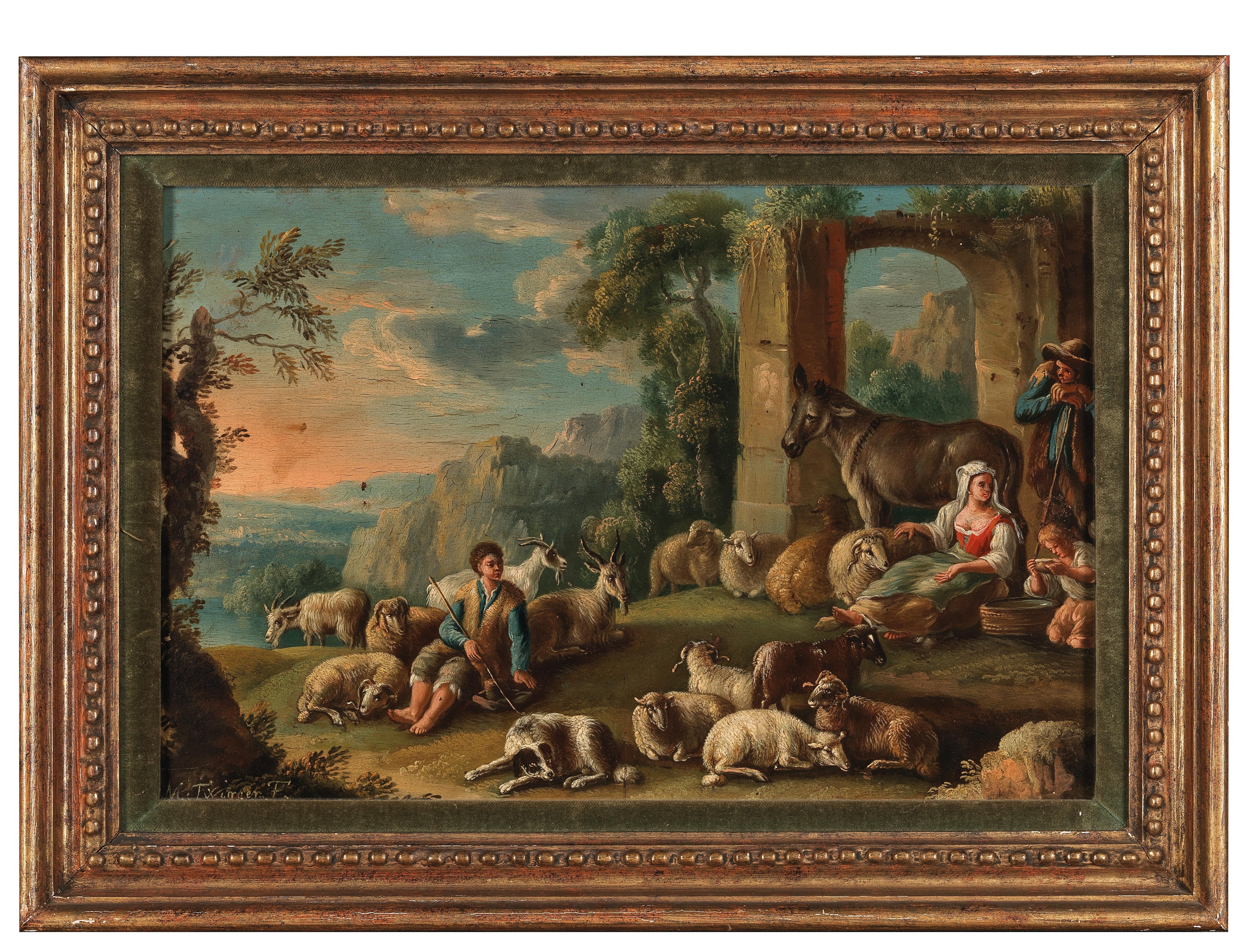 Artwork by Matthias Twinger, A pair of southern landscapes with shepherds and their flock, Made of oil on copper
