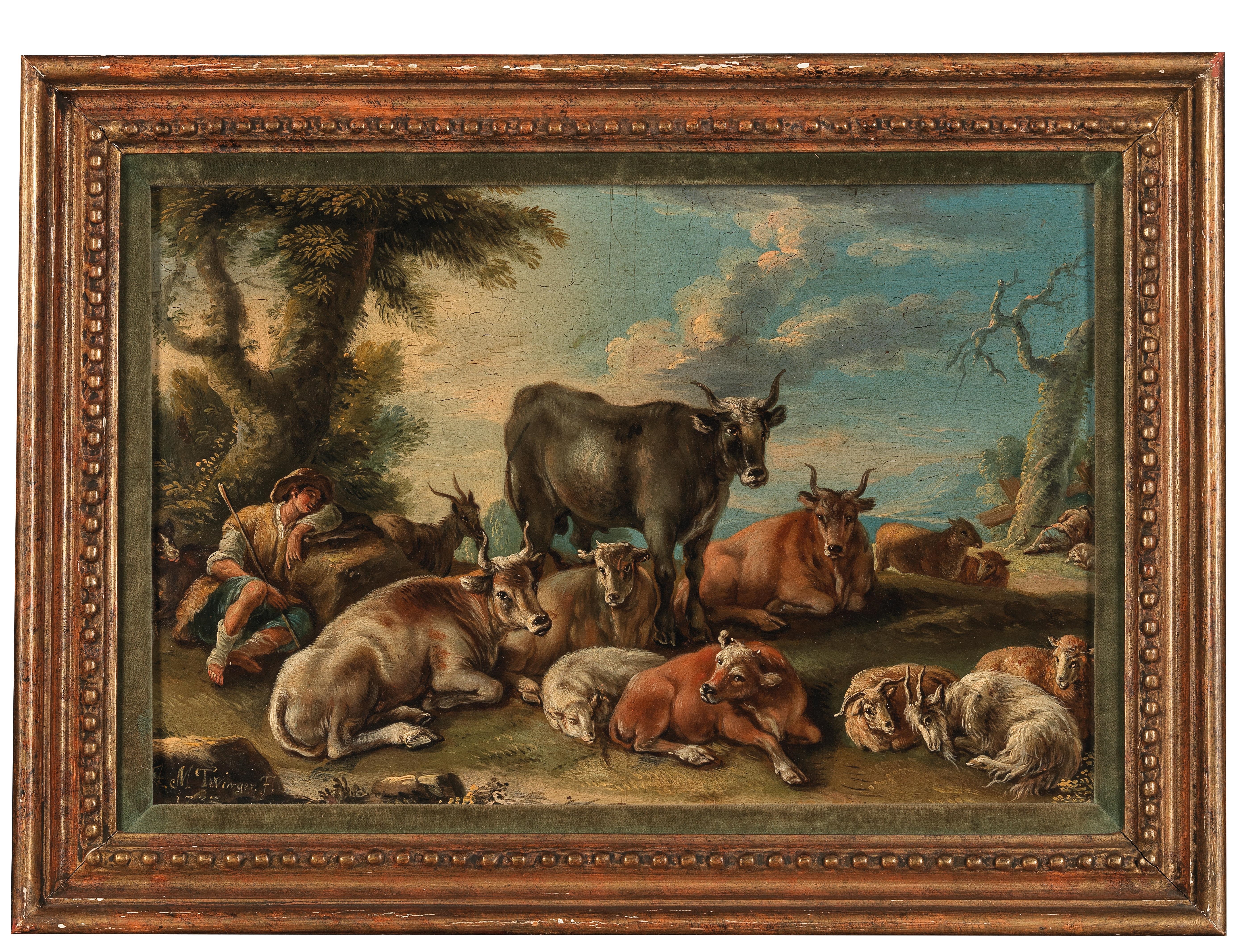 Artwork by Matthias Twinger, A pair of southern landscapes with shepherds and their flock, Made of oil on copper