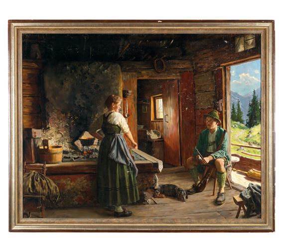 Emil Rau | A Hunter Resting in an Alpine Hut | MutualArt