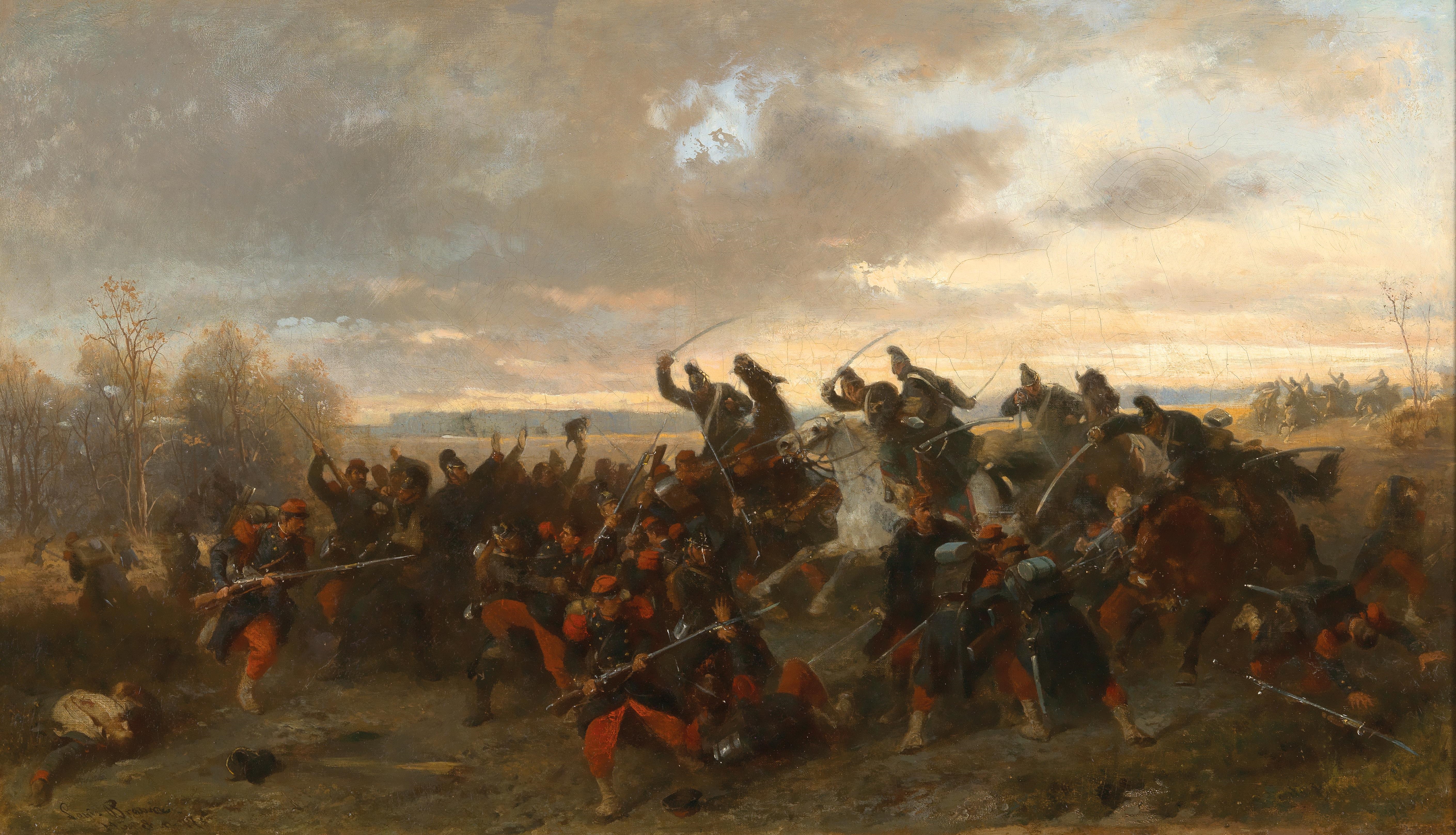Artwork by Louis Braun, Bavarian and French Troops in the Turmoil of Battle, Made of oil on canvas
