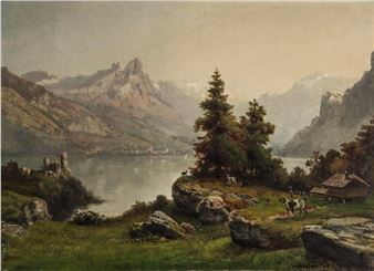 Paysage de lac et montagnes - Théodore Sevigne