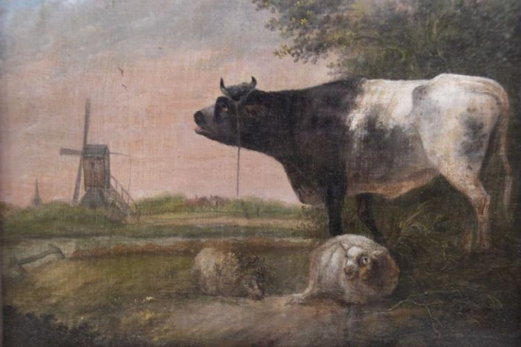 Landscape with Cow and Sheep with windmill and church beyond by Paulus Potter